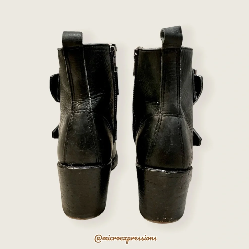 Frye Sabrina Double Buckle Vintage Academia Black Leather Block Heel Ankle Boot - Picture 12 of 16